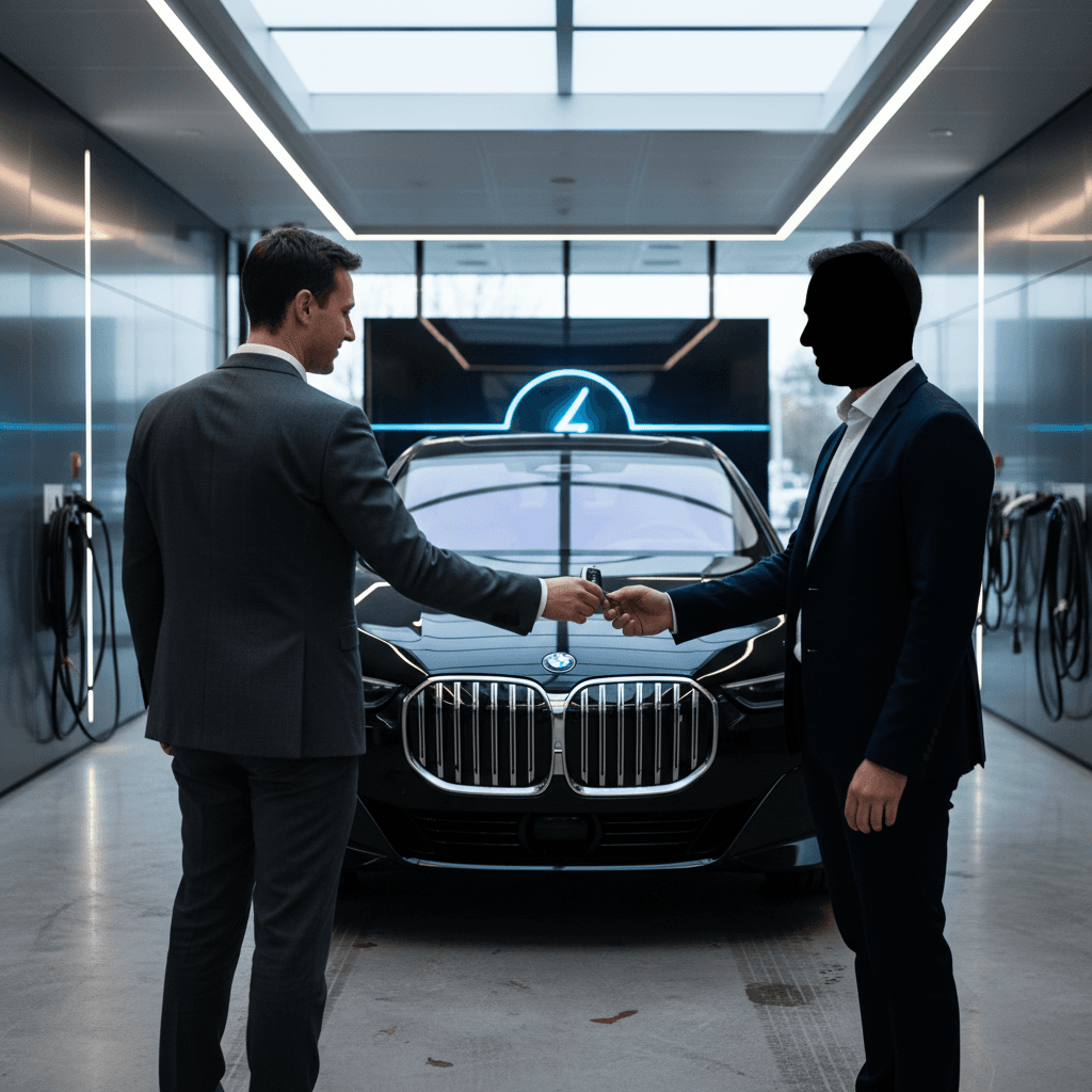 Seller and buyer reviewing a battery health report for a luxury electric sedan during a sale