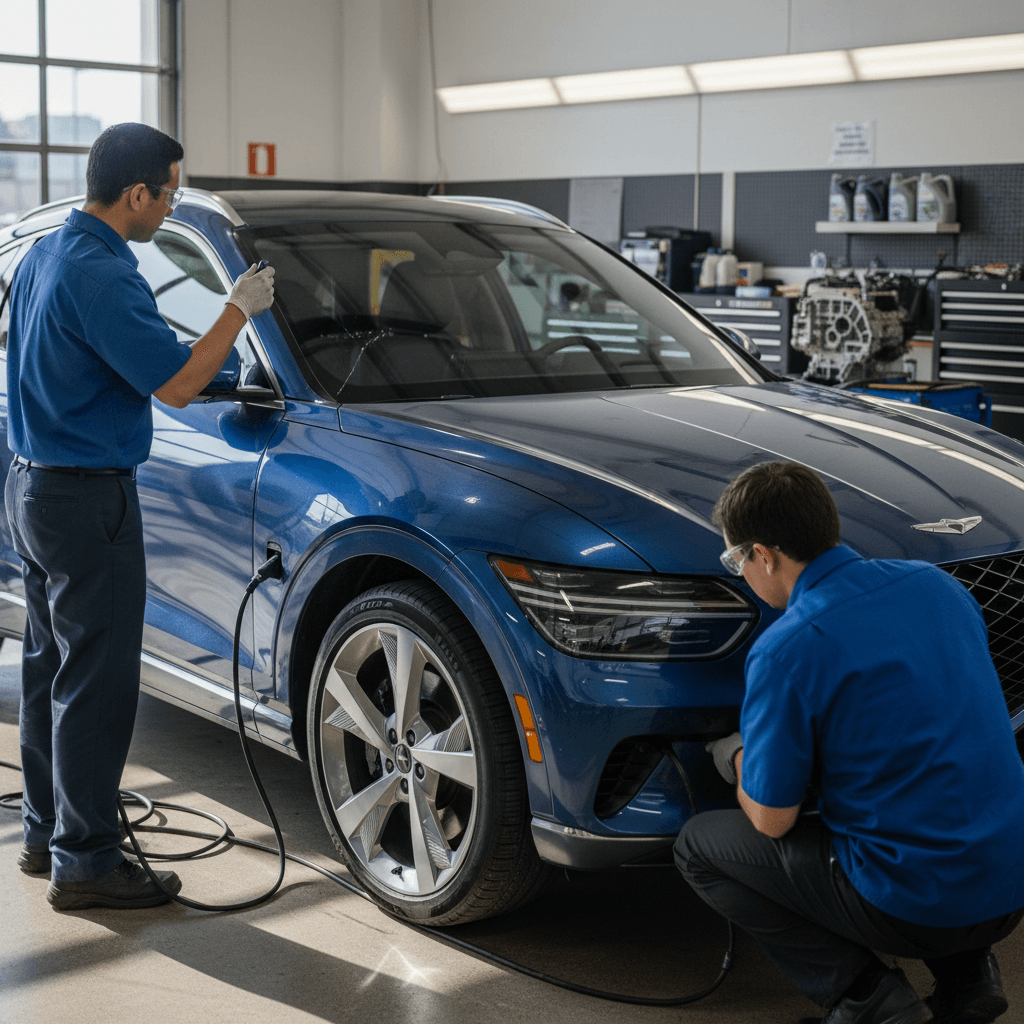 Technician inspecting the windshield and front end of a 2023 Genesis GV60 in a service bay
