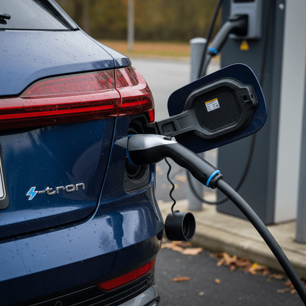 Audi Q8 e-tron plugged into a public charger, focusing on the charge port and rear badge