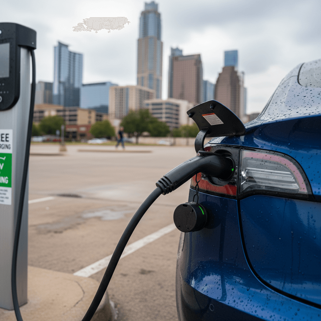 Electric vehicle plugged into a Level 2 charger in a central Austin parking lot, with downtown buildings visible in the background