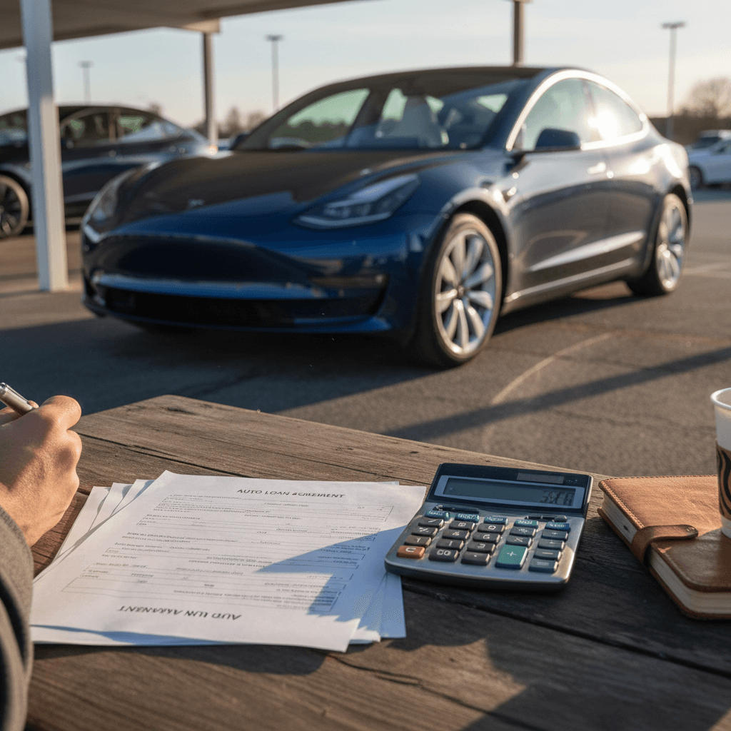 Person reviewing used Tesla Model 3 financing documents with a calculator and tablet showing loan options