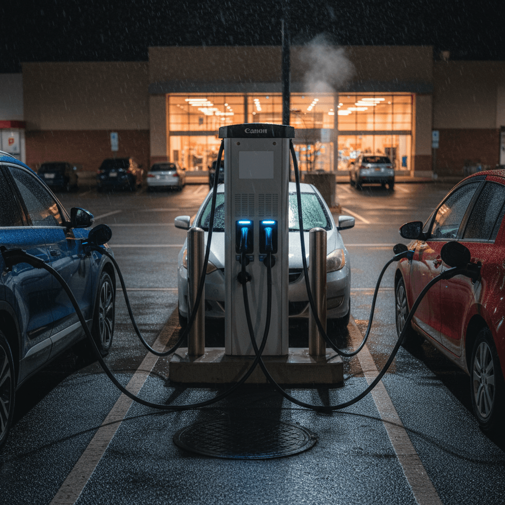 Multiple electric cars charging in a large US parking lot