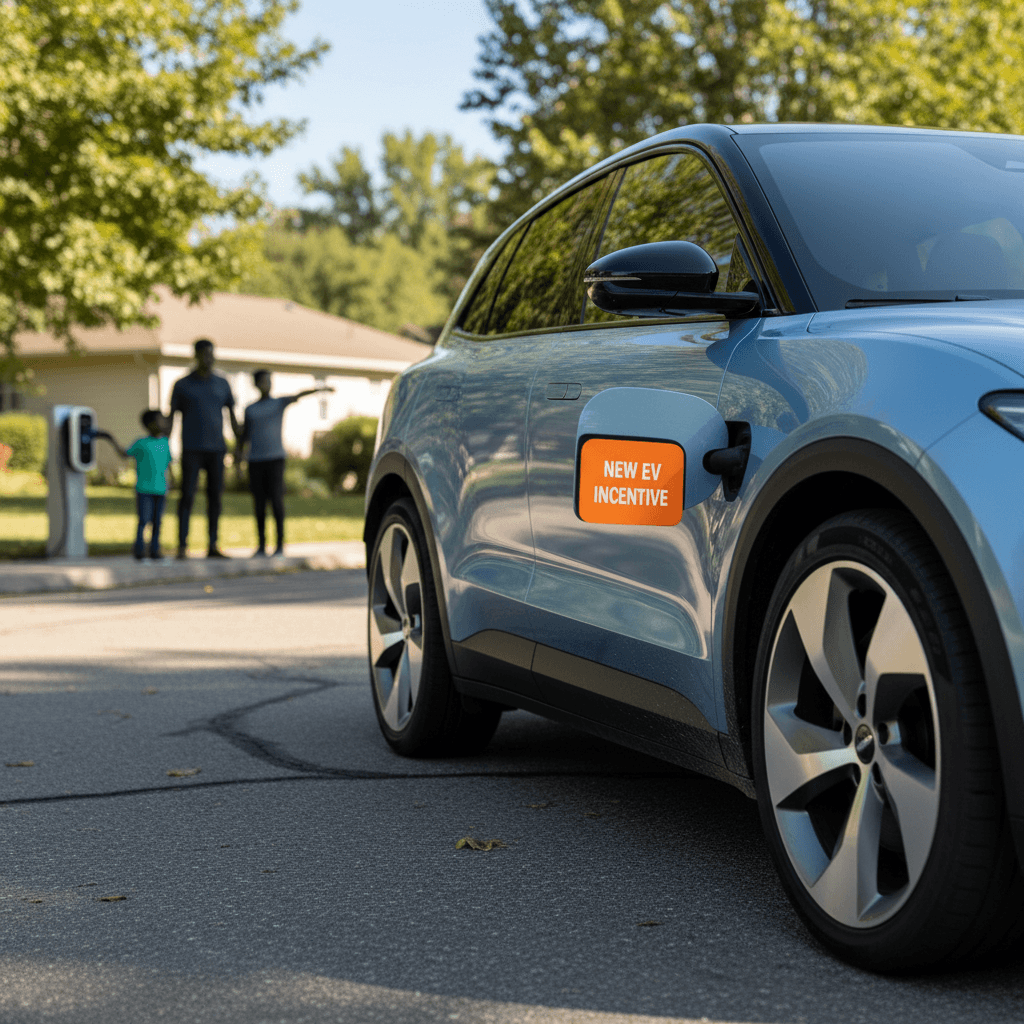Family driving a modern electric SUV down a suburban street at sunset