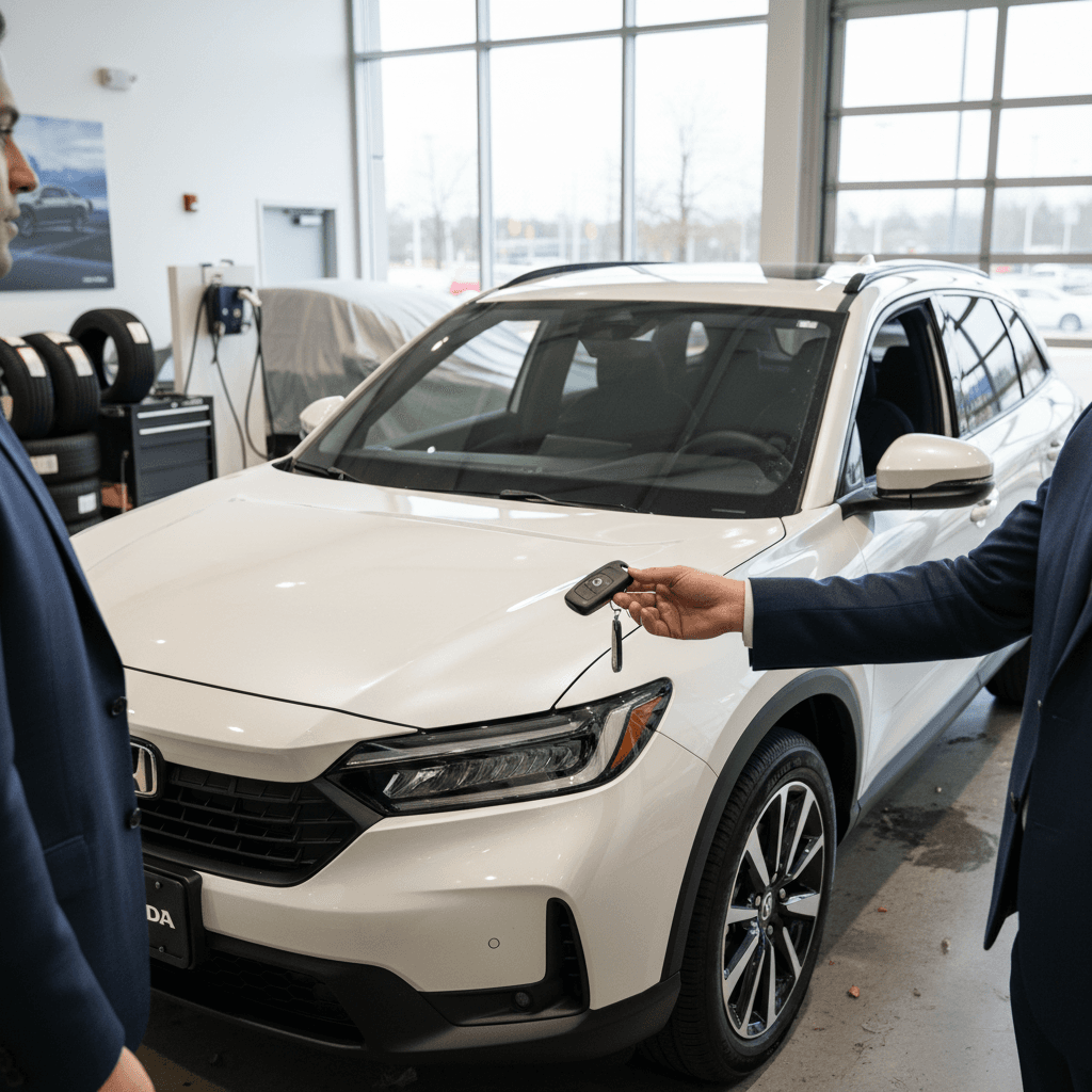 Owner and buyer standing beside a white Honda Prologue EV, reviewing a digital battery health report on a tablet