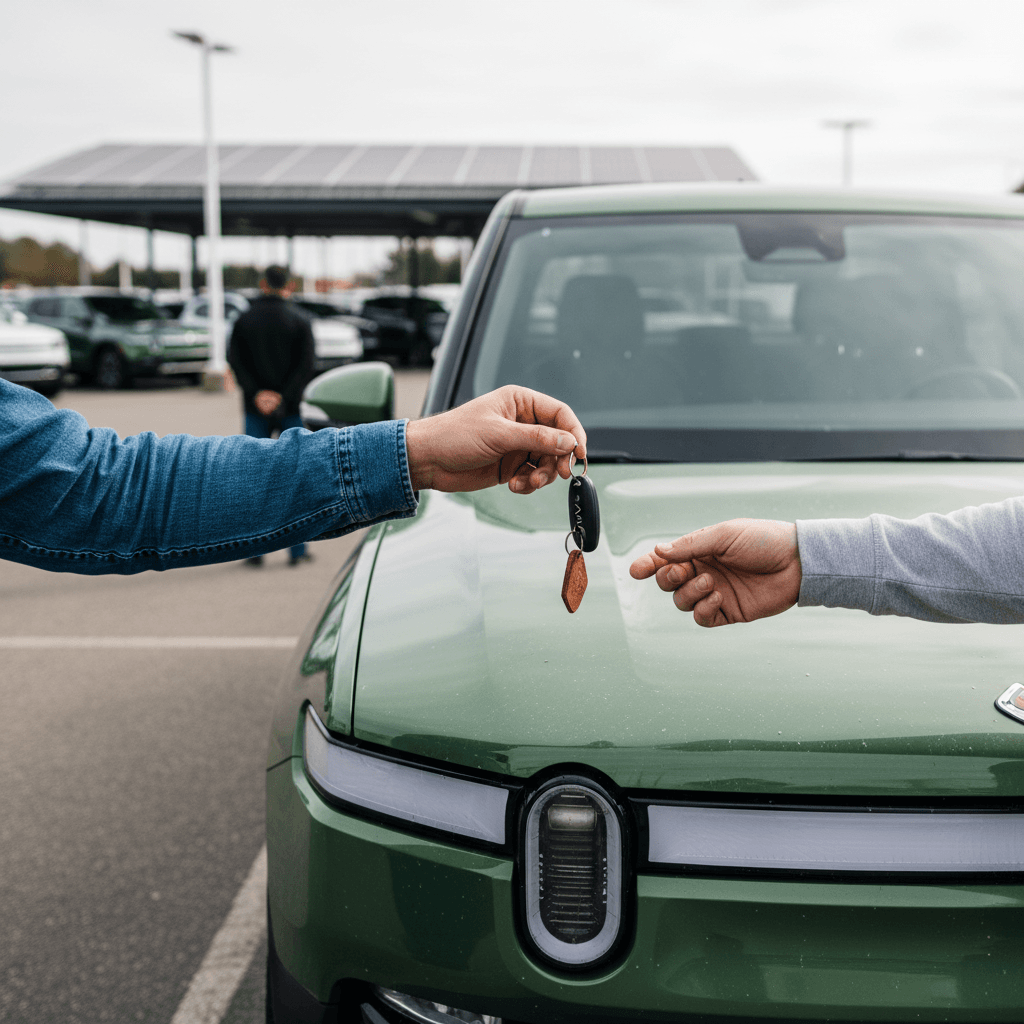 Seller and buyer completing paperwork beside a Rivian R1T at an EV-focused dealership