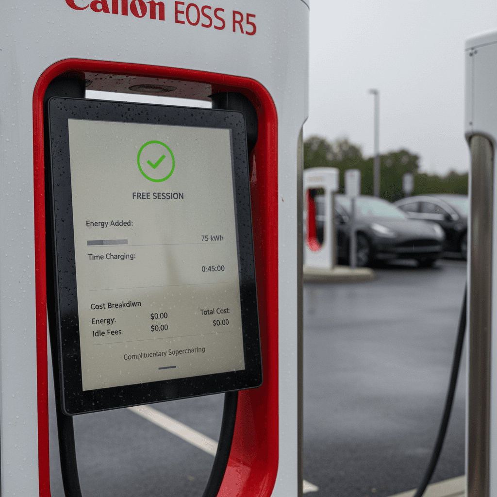 Tesla Supercharger screen showing an active free charging session with cost listed as zero dollars