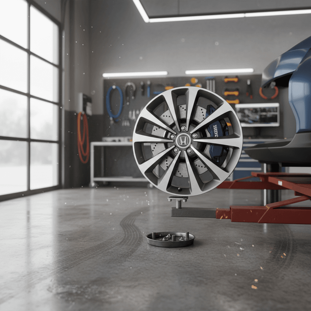 Honda Prologue on a service lift with a technician inspecting the brakes and tires