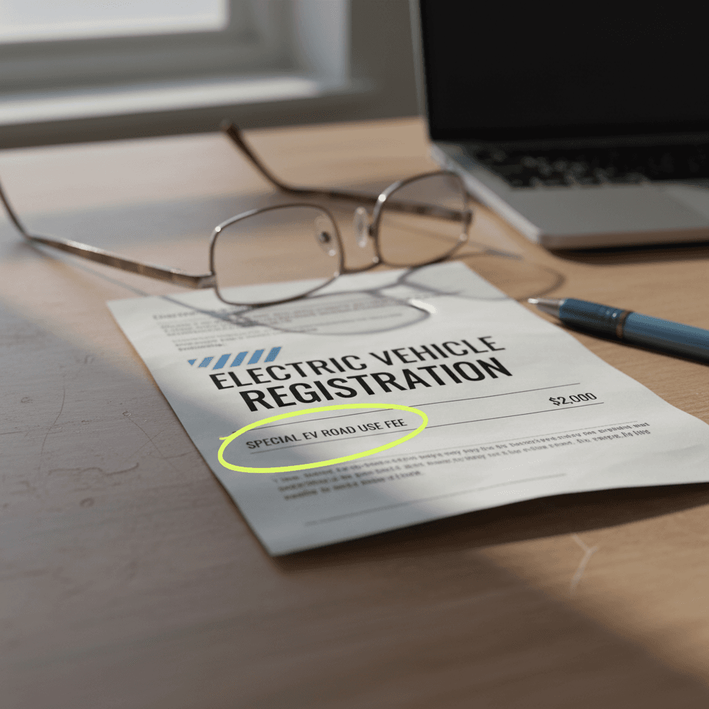 Electric vehicle license plate renewal notice marked as electric with an extra fee line item highlighted
