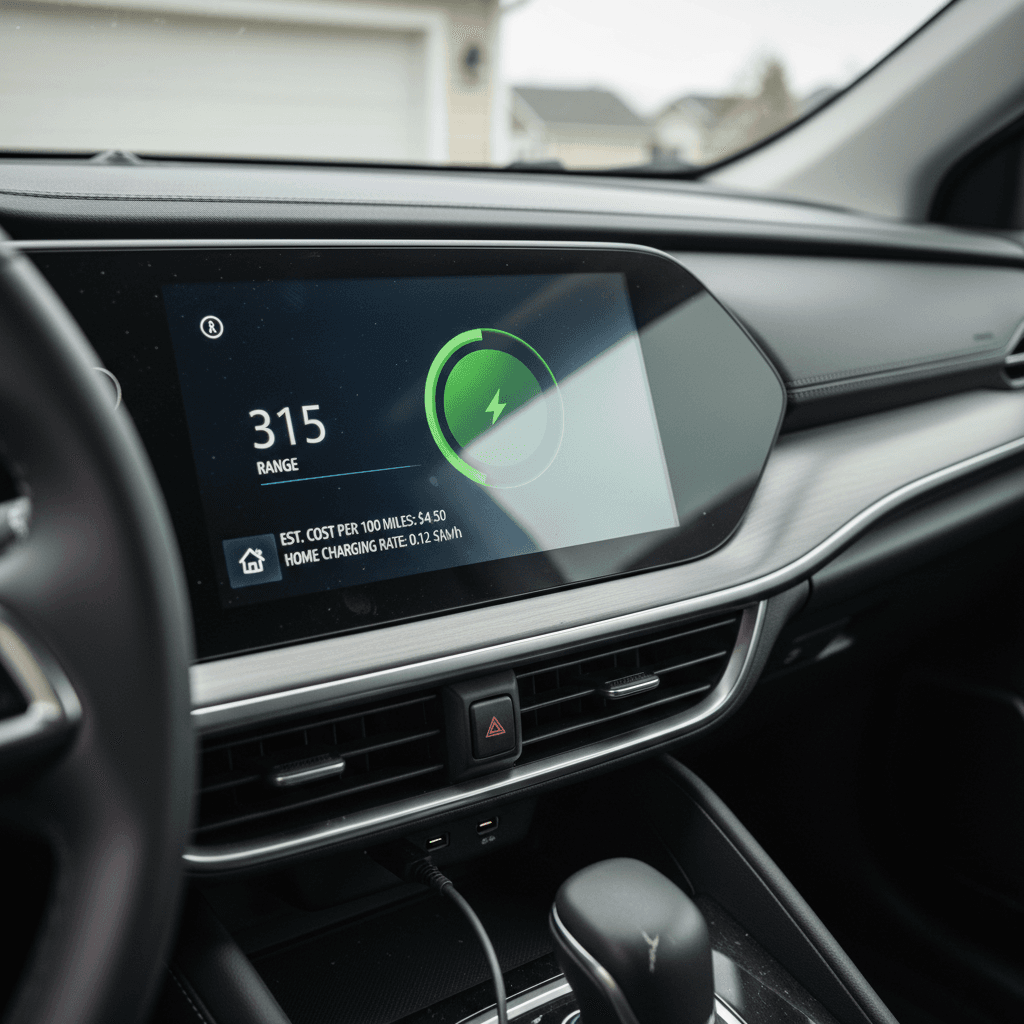 Electric car dashboard showing estimated charging cost and range