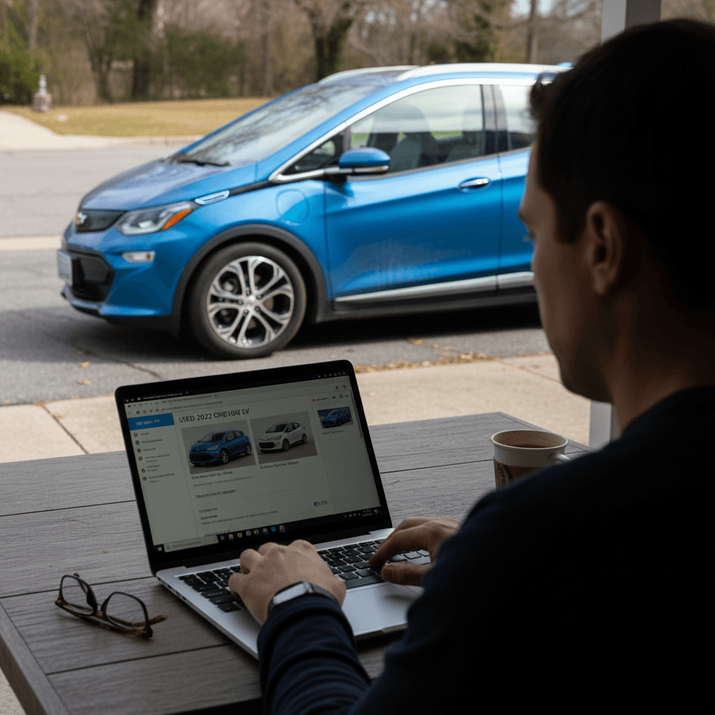 Owner reviewing a used Chevrolet Bolt EV listing on a laptop with the car visible in the driveway behind them