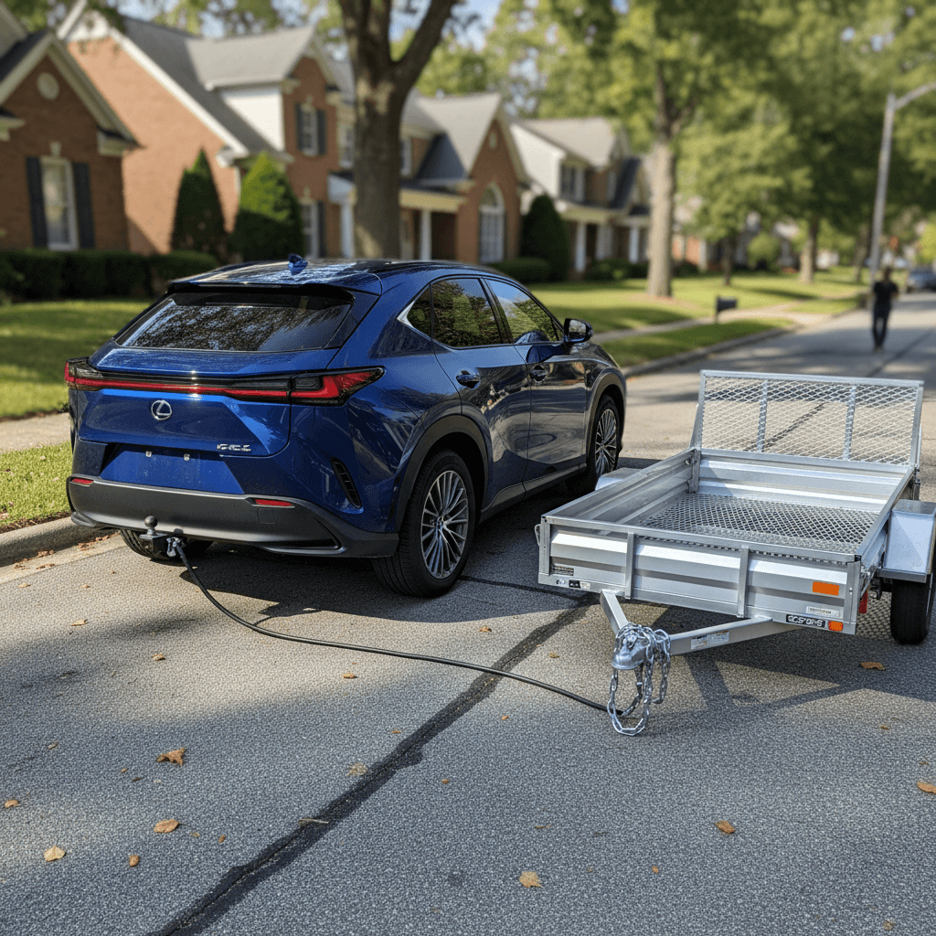 Lexus RZ 450e with a compact empty trailer attached to a rear tow hitch on a quiet residential street