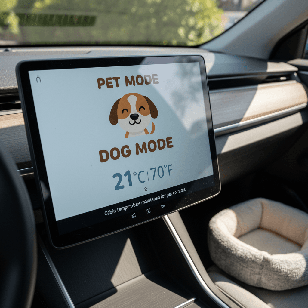 EV touchscreen showing an active dog or pet mode with large text and interior temperature readout