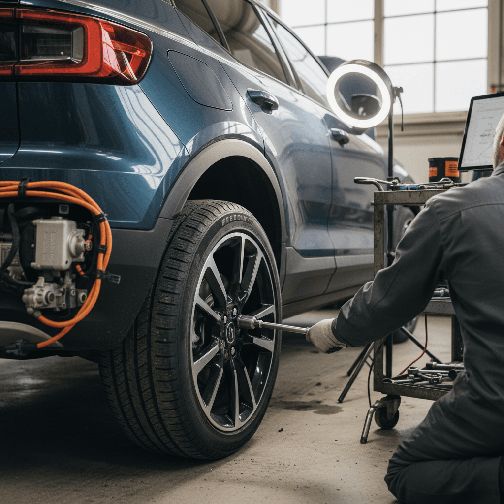 Technician inspecting a Volvo EX30’s tires and brakes on a lift