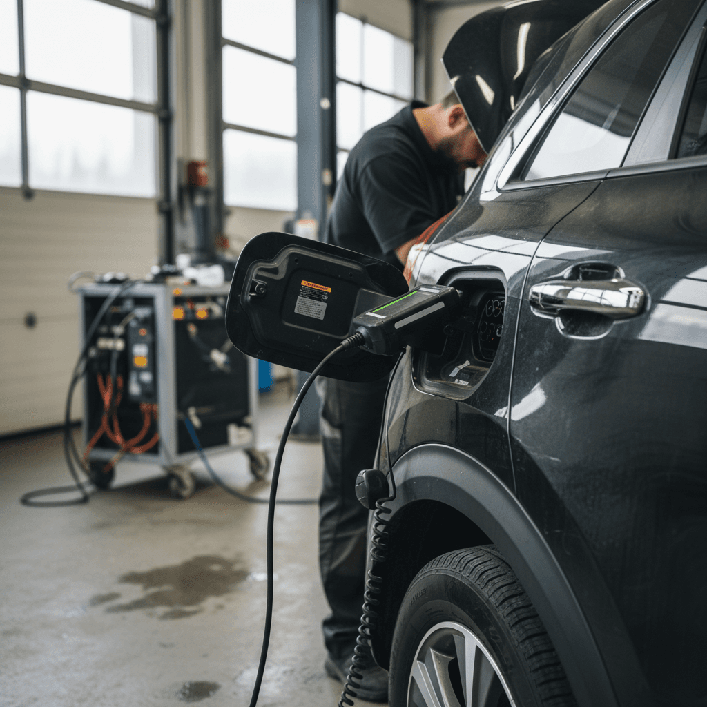 Technician checking a used Kia Niro EV battery and charging port during a pre-purchase inspection