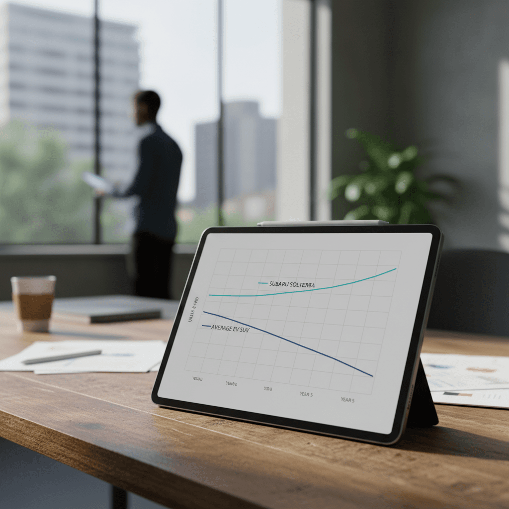 Illustrated depreciation curves comparing Subaru Solterra to the average electric SUV over five years