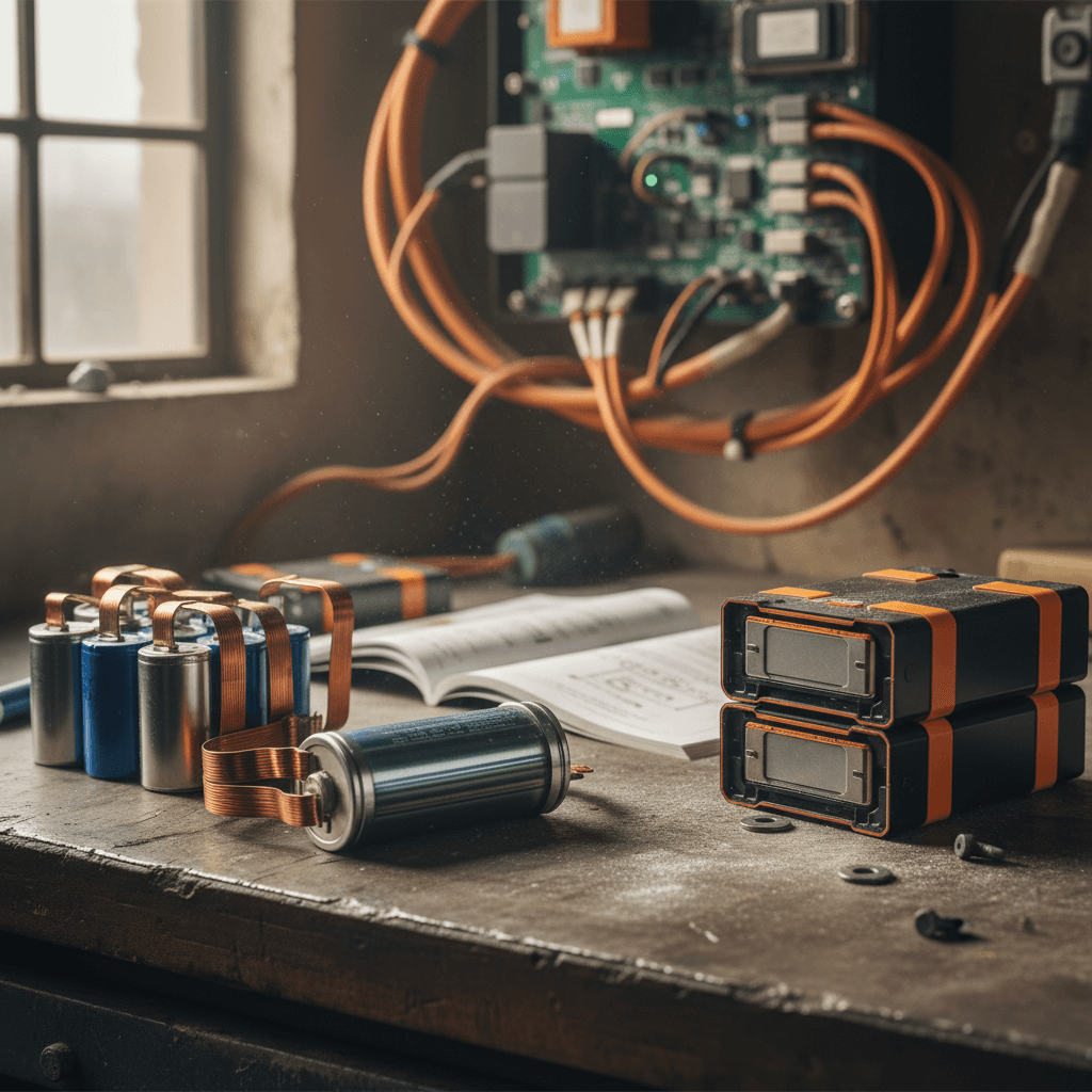 Close-up of lithium-ion battery cells arranged in a pack for an electric car