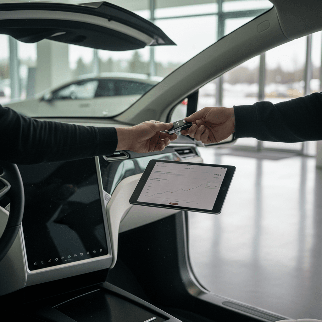 Seller reviewing offer for a used Tesla Model X with an EV specialist in a bright showroom