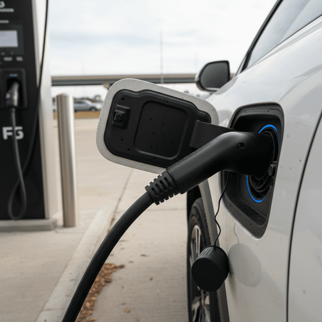 Kia EV9 charging at a public DC fast charger at a highway rest stop