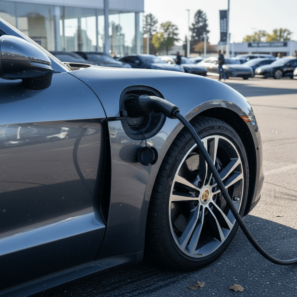 Close-up of a 2023 Porsche Taycan charging port and wheel at a dealership lot, highlighting condition and trade-in value factors