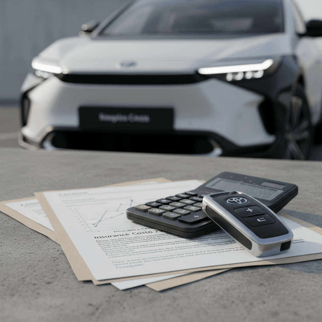 Insurance paperwork and a calculator on a desk beside a Toyota bZ4X key fob