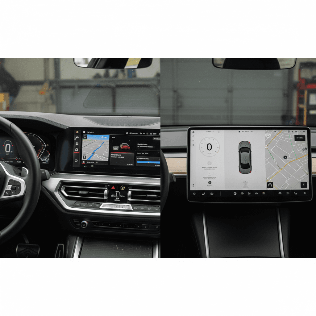 Side-by-side interior comparison of a BMW i4 cockpit and a Tesla Model 3 dashboard