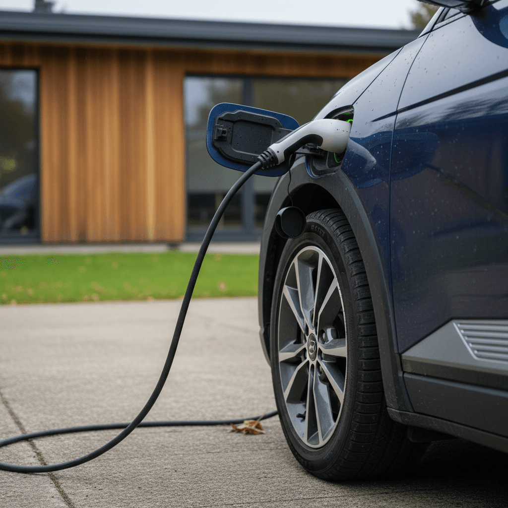 Close view of a 2023 Hyundai IONIQ 5 plugged into a home Level 2 charger at its rear charge port