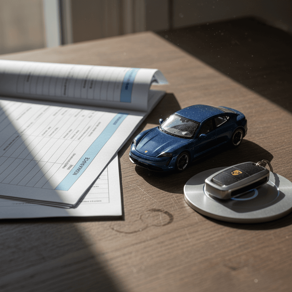 Insurance paperwork and car keys on a desk next to a small electric sports car model