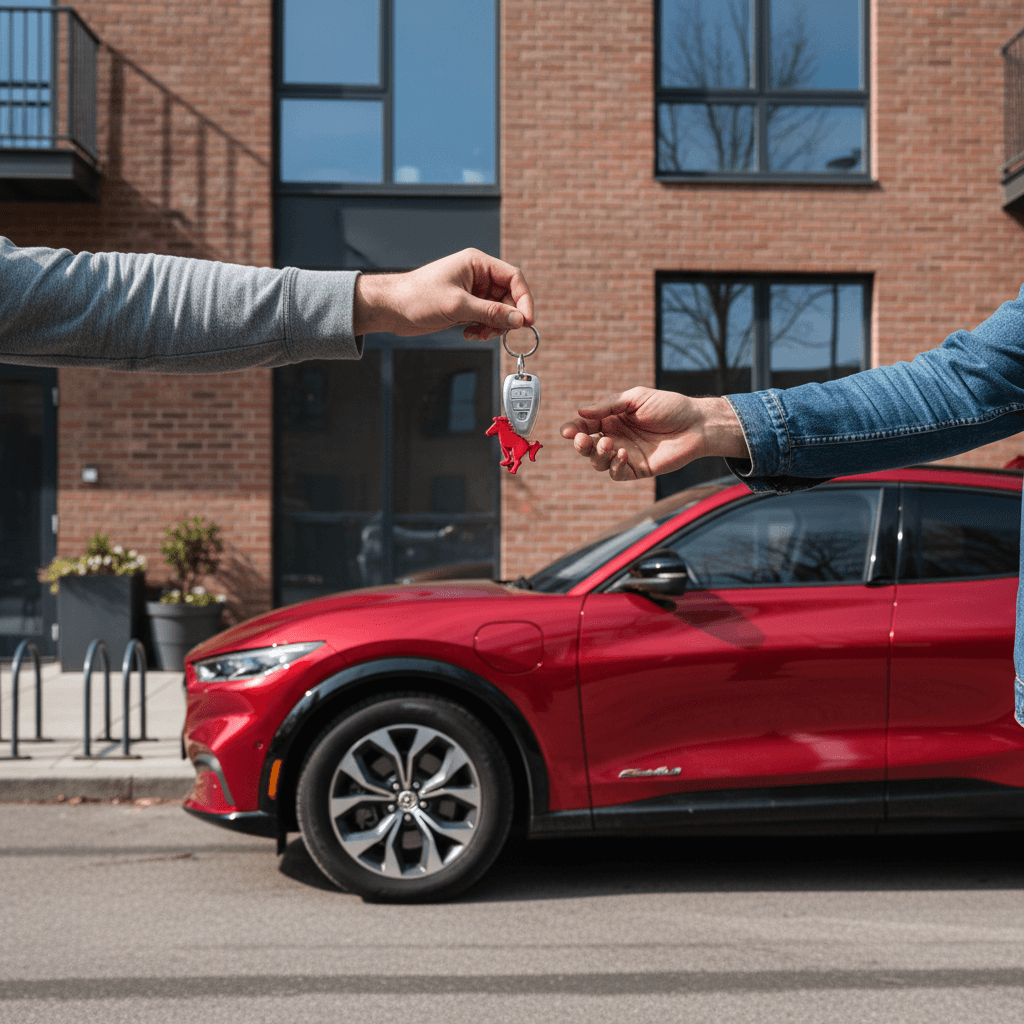 Ford Mustang Mach-E owner handing keys to buyer in front of a city apartment building