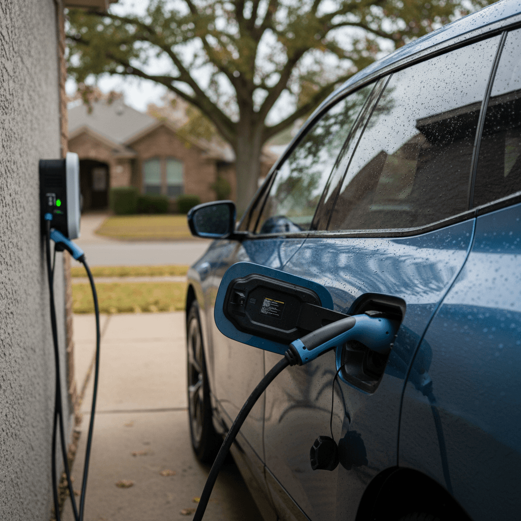 2024 BMW iX charging in a modern driveway, highlighting its premium electric SUV styling