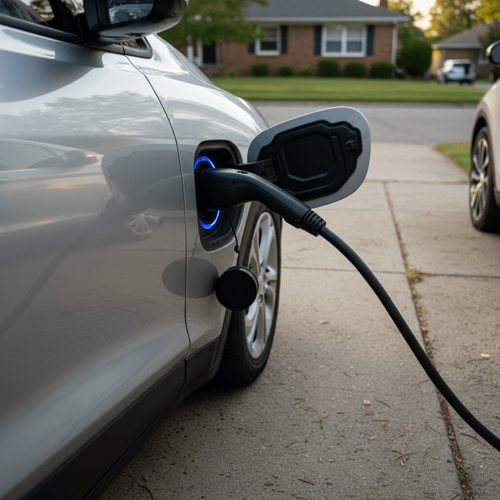 Charging cable plugged into the charge port of a 2022 Chevrolet Bolt EUV parked in a driveway