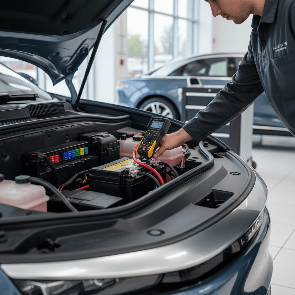 Technician checking the low voltage 12V battery compartment on a Lucid Air sedan at a service center