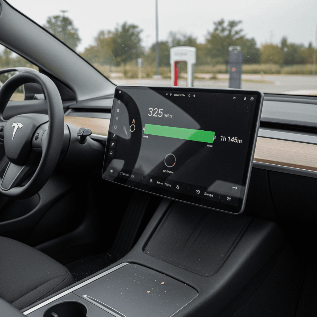Tesla Model 3 interior showing central touchscreen with navigation and charging status displayed