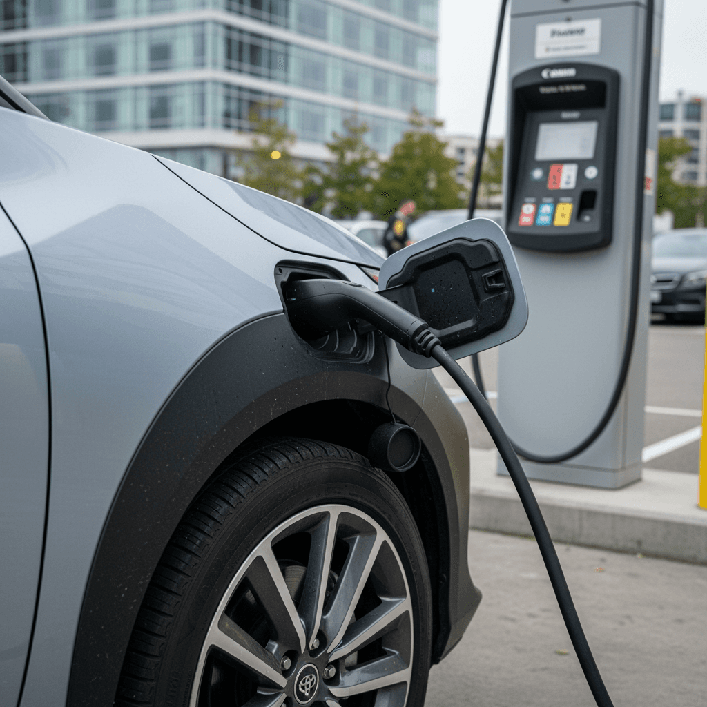 Toyota bZ4X connected to a public DC fast charger, showing the charging port and front wheel