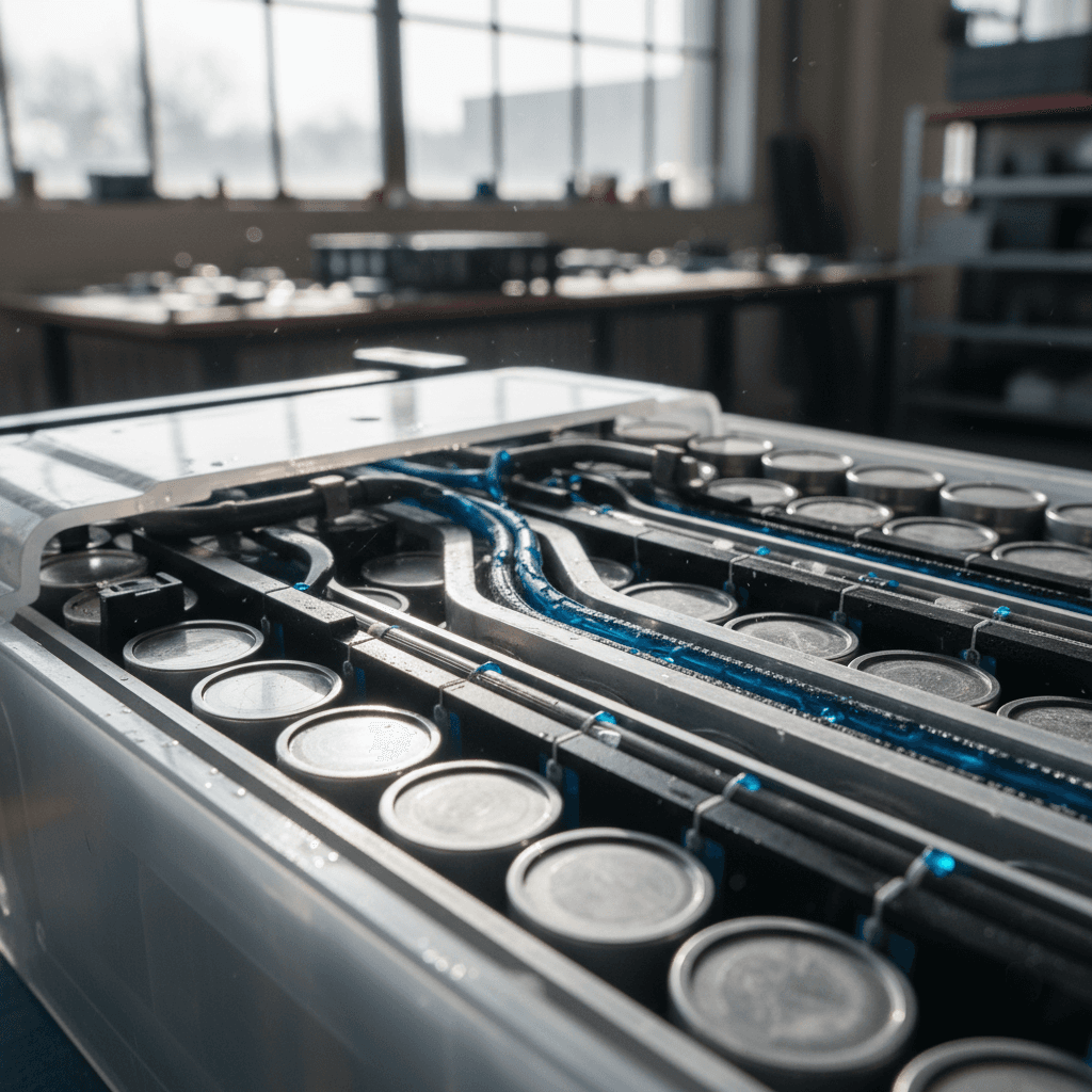 Closeup of an EV battery module with integrated liquid cooling plate channels