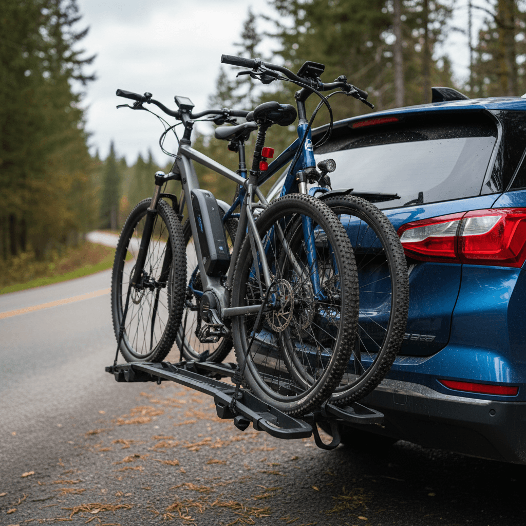 Chevrolet Equinox EV with a hitch-mounted platform bike rack carrying two bikes