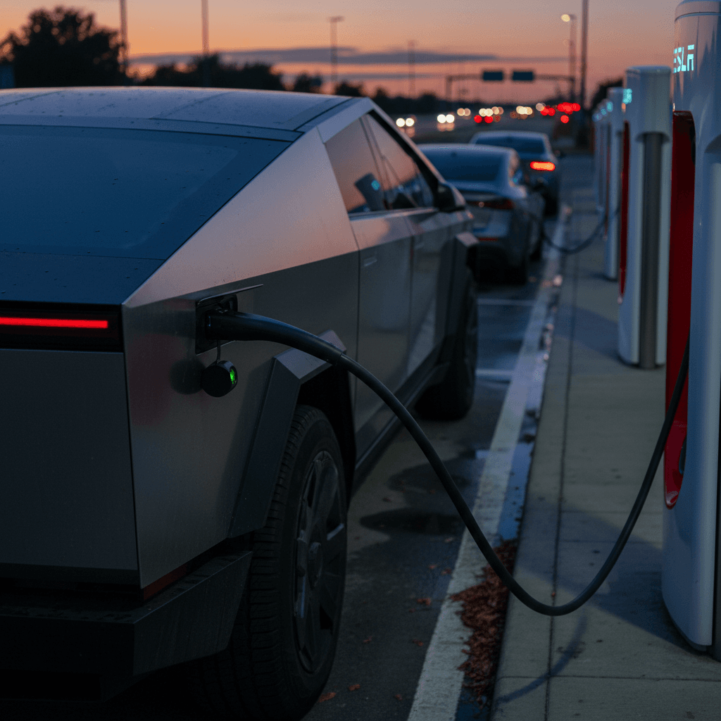 Tesla Cybertruck connected to a Supercharger stall at a highway charging station during a road trip stop