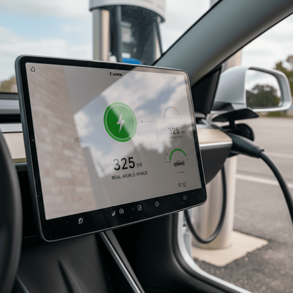 Tesla Model 3 charging at a DC fast charger with the energy screen showing projected remaining range for a road trip