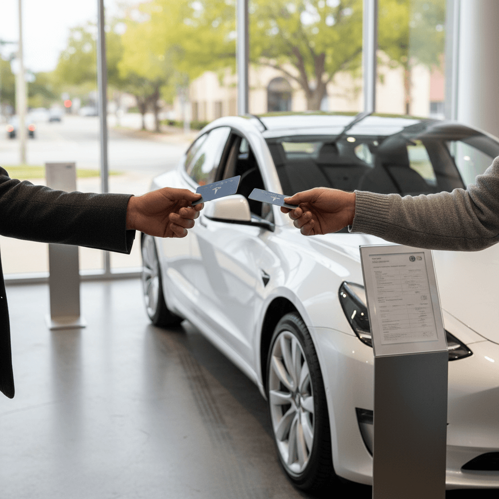 Seller and buyer standing next to a white Tesla Model 3 in a showroom-style setting, reviewing documents before completing a sale