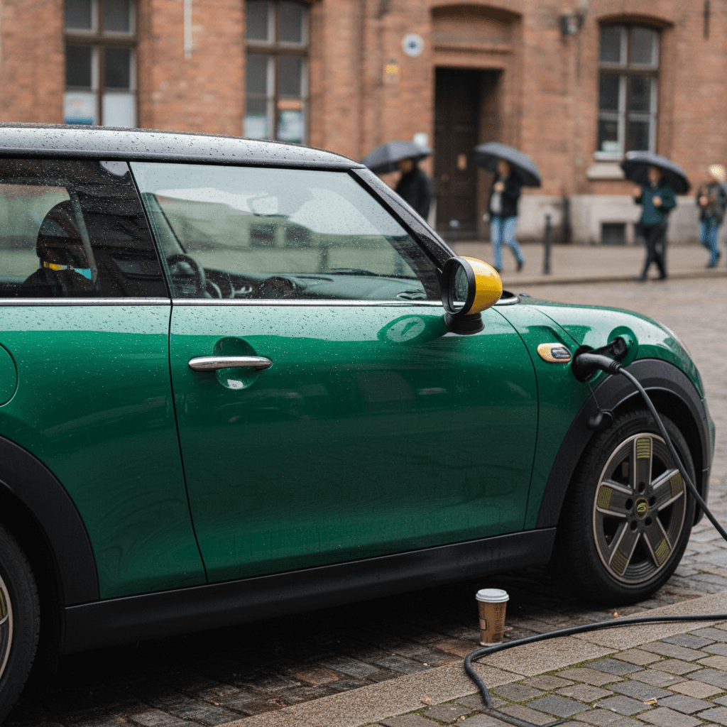 Bright Mini-style electric 2 door car parked on an urban street