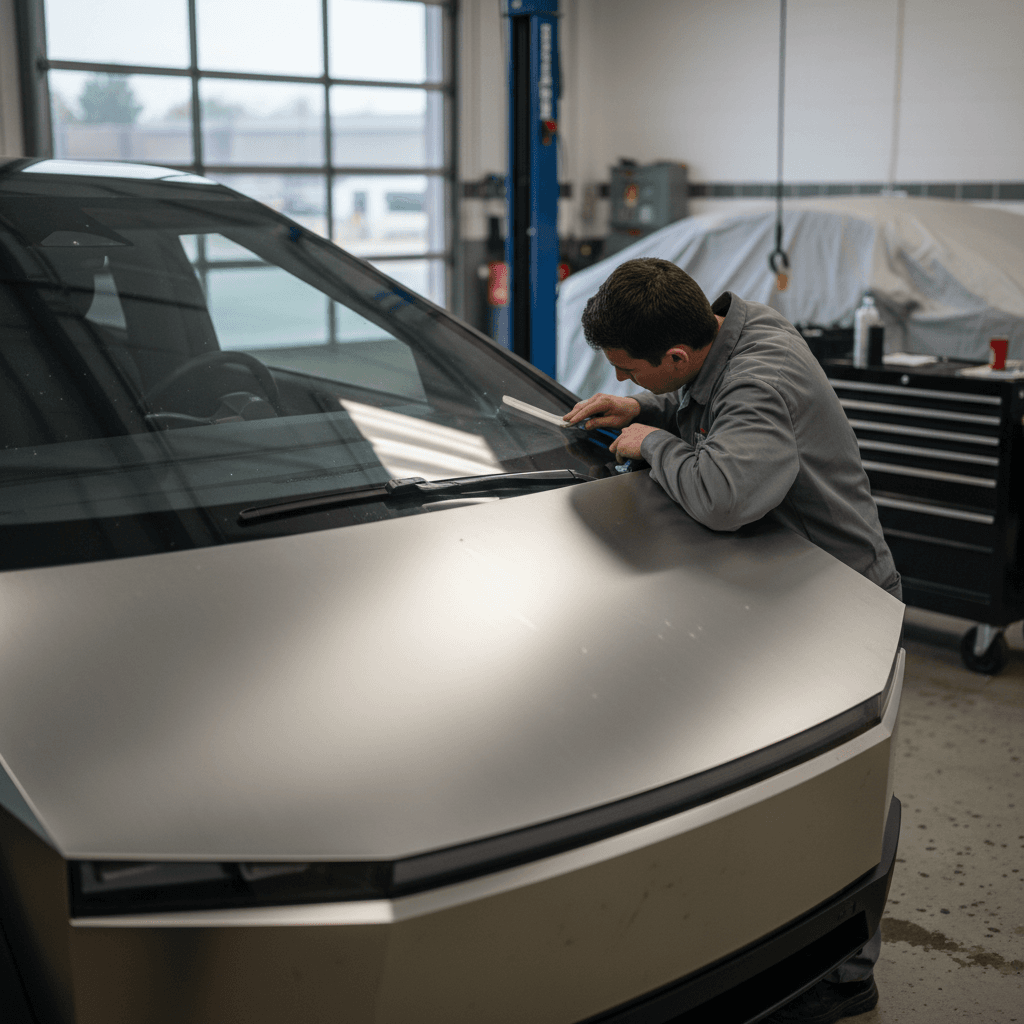Tesla Cybertruck at a service bay with technician examining windshield trim and front wiper area