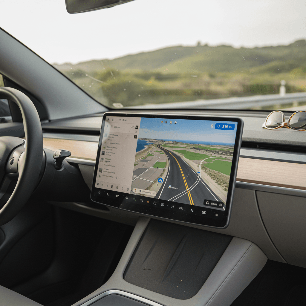 2025 Tesla Model Y interior with updated dashboard, center screen, and ambient lighting