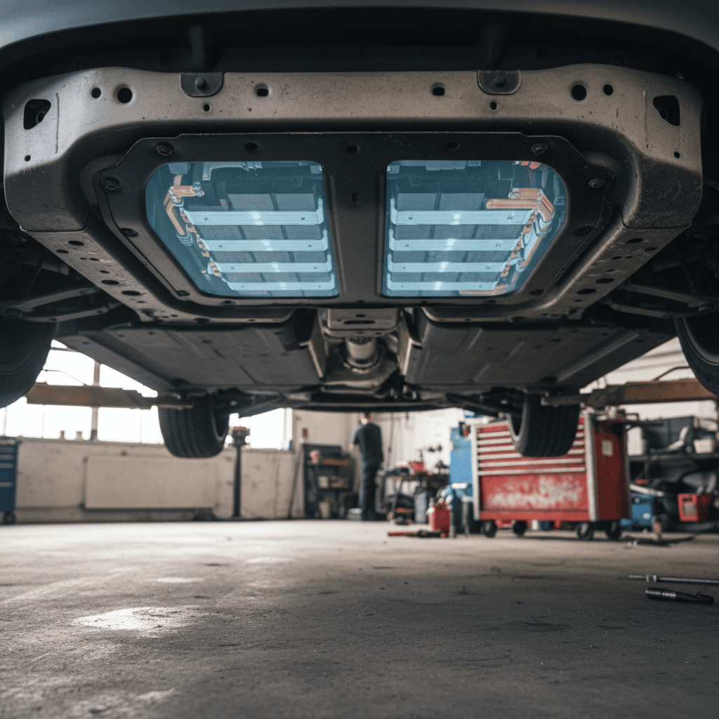 Underfloor Tesla Model Y battery pack visualized beneath the cabin