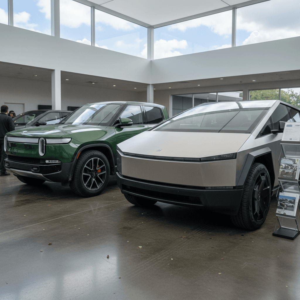 Rivian R1T and Tesla Cybertruck parked side by side for a comparison of size and design