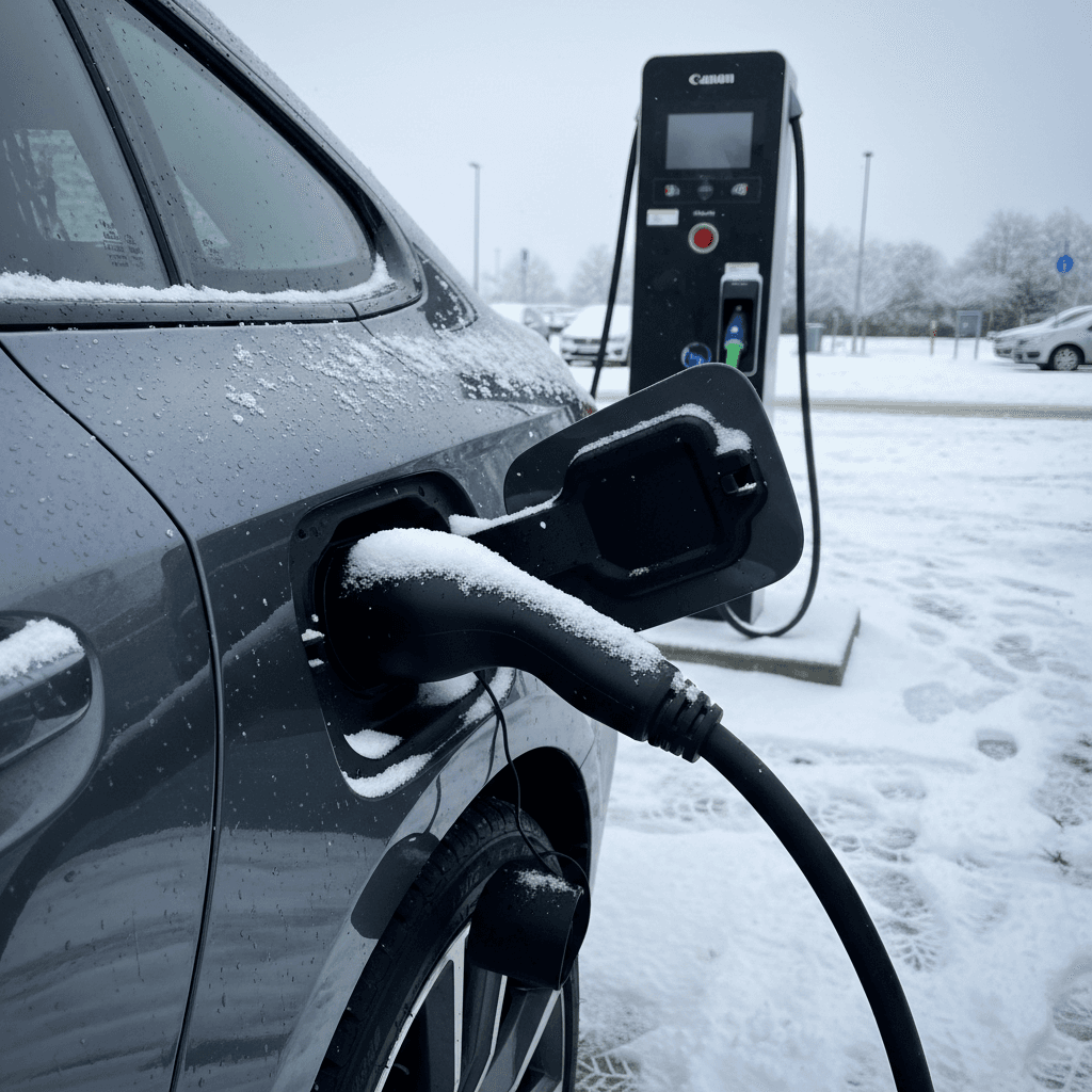 BMW i4 connected to a public fast charger in light snow, close-up of the charging cable and port