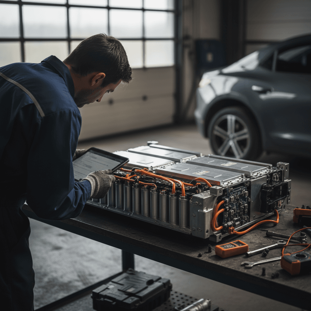 Mechanic inspecting the battery area of an electric vehicle in a repair shop