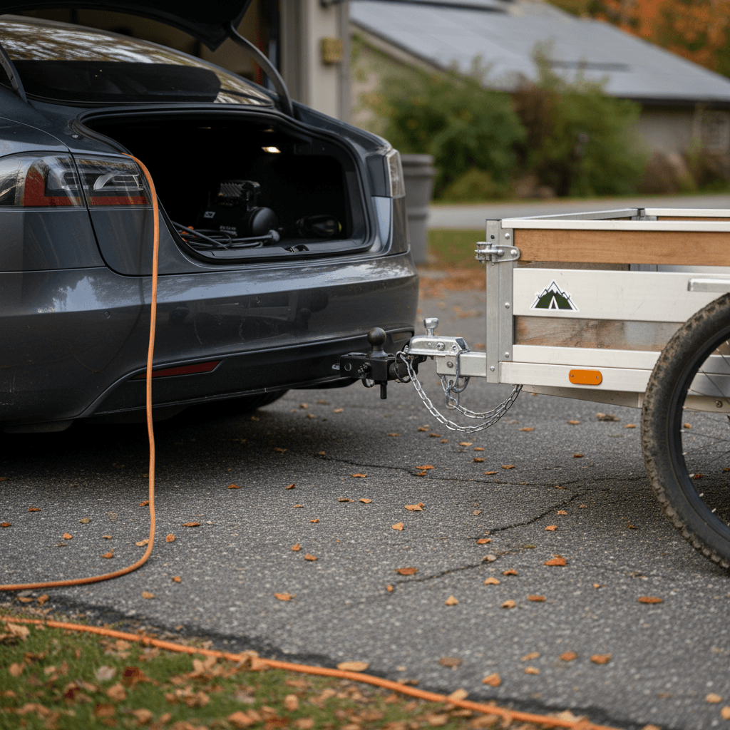 Tesla Model S with tow hitch attached to a low utility trailer parked in a residential driveway