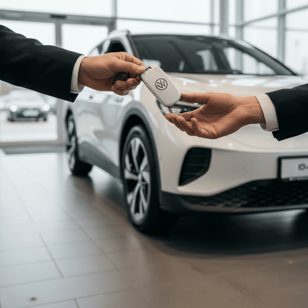 Seller and buyer reviewing a battery health report for a 2021 Volkswagen ID.4 before completing a sale