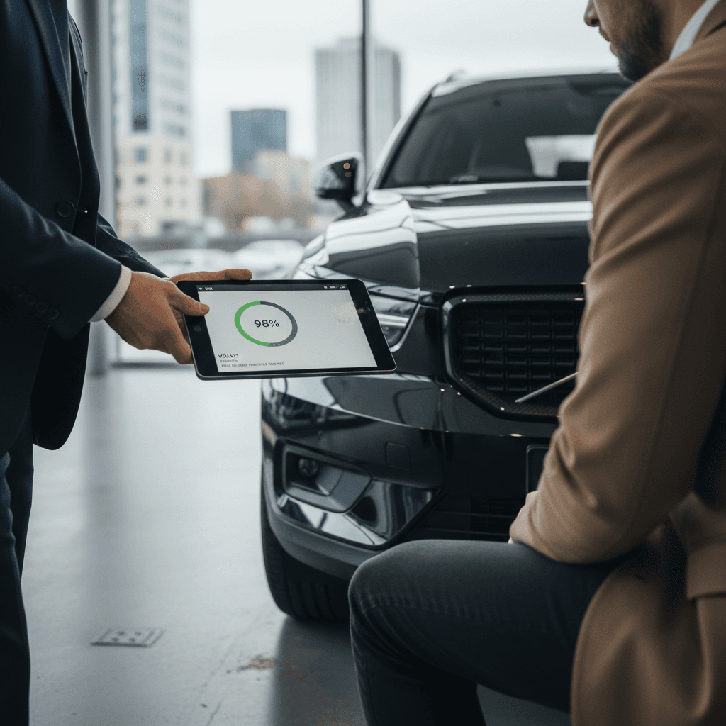 Seller reviewing a digital battery health and inspection report for a Volvo EX40 with a prospective buyer in a bright showroom
