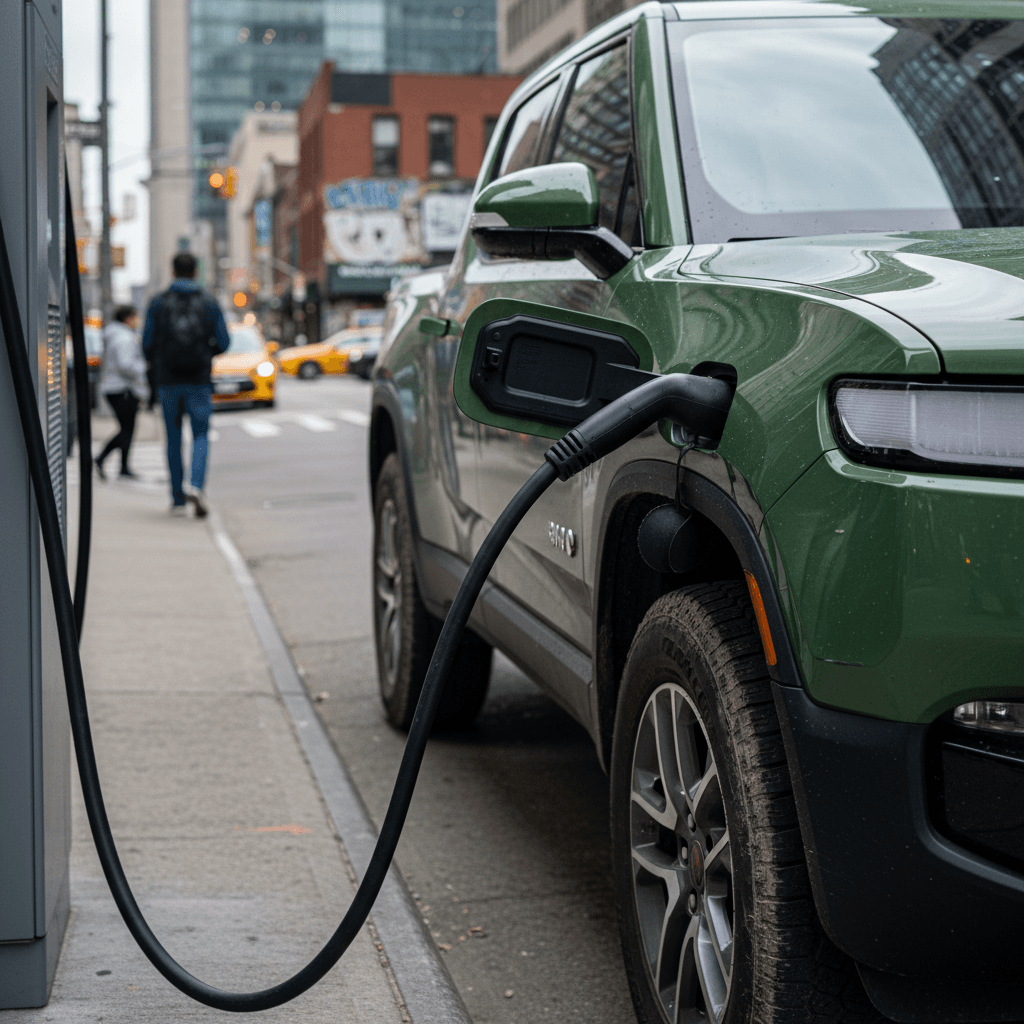 A used Rivian R1T plugged into a fast charger, with the driver checking charging information on the in-car display.