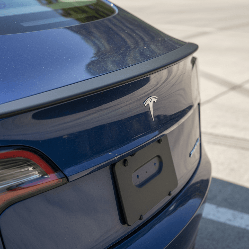 Close-up of a Tesla Model 3 rear camera and trunk area, highlighting the recall related to backup camera visibility.